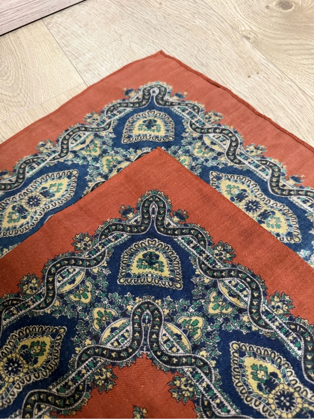 Vintage Rust Orange Wool Challis Scarf | Boho Paisley Floral Pocket Square